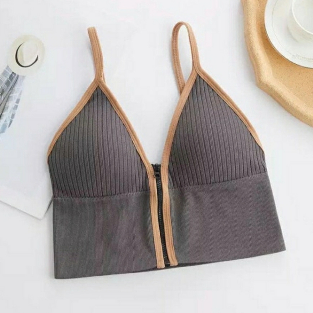 Sexy zipper crop top in beige and grey